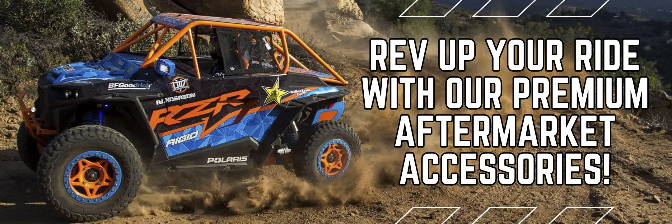 Blue and orange polaris rzr off-road vehicle with black accents.
