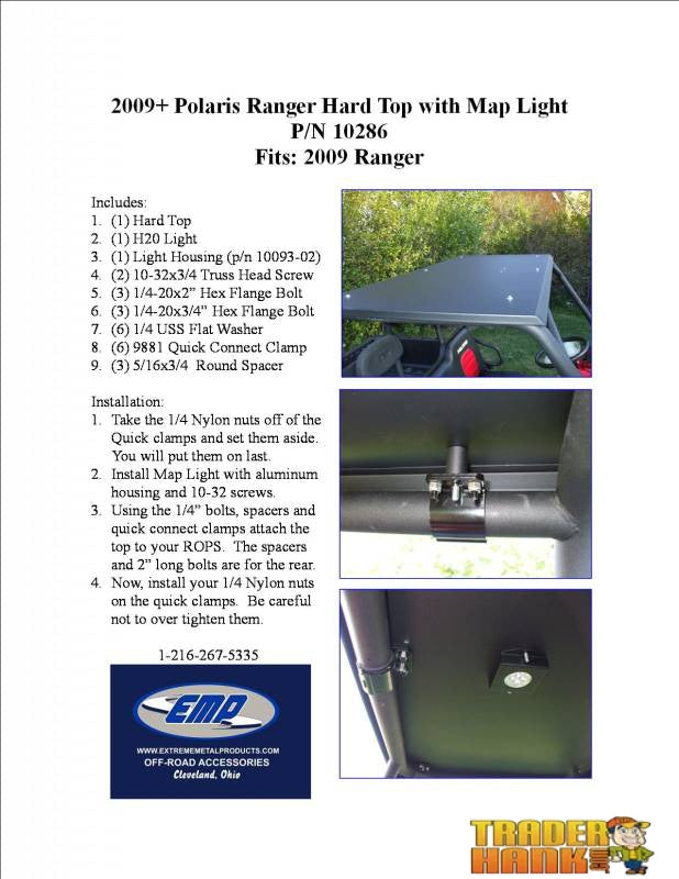 Polaris Ranger Full Size Hard Top With LED Map Light (Round Bars) | Free shipping