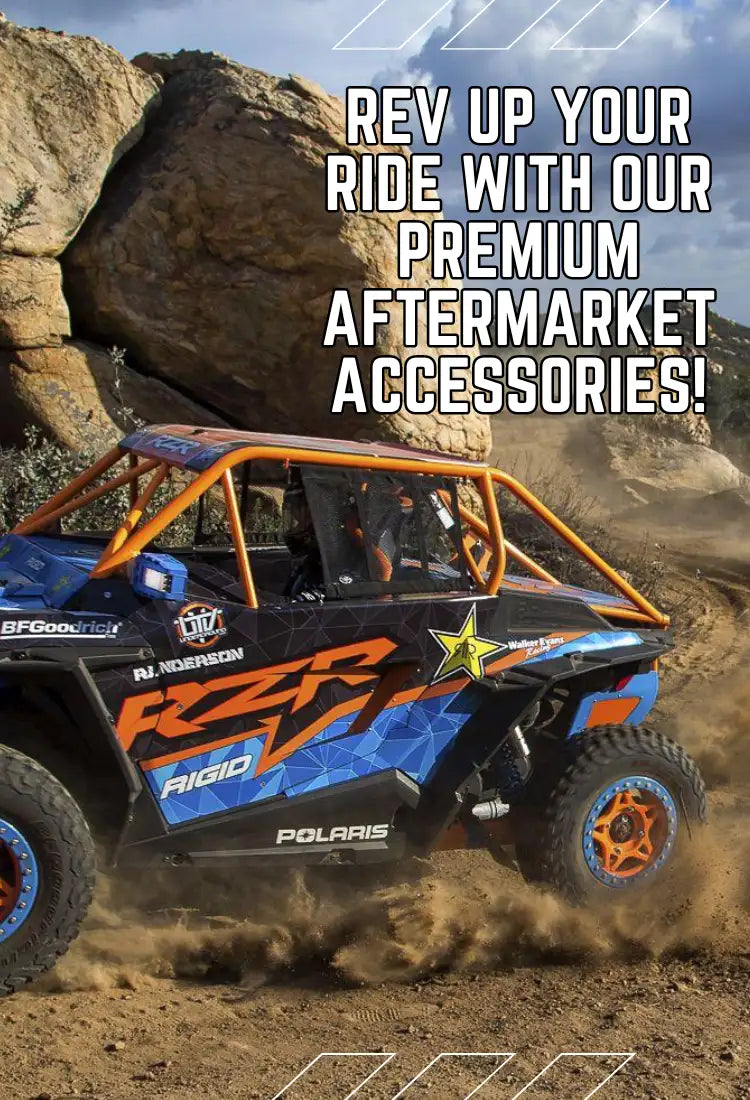 Blue and orange polaris rzr off-road vehicle with a rugged, reinforced frame.